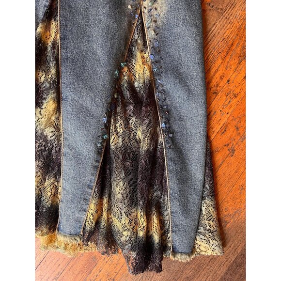 Vintage Y2K Denim Midi Skirt | Boho Lace Panel Pleated Flare | Size 29" - Picture 6 of 7